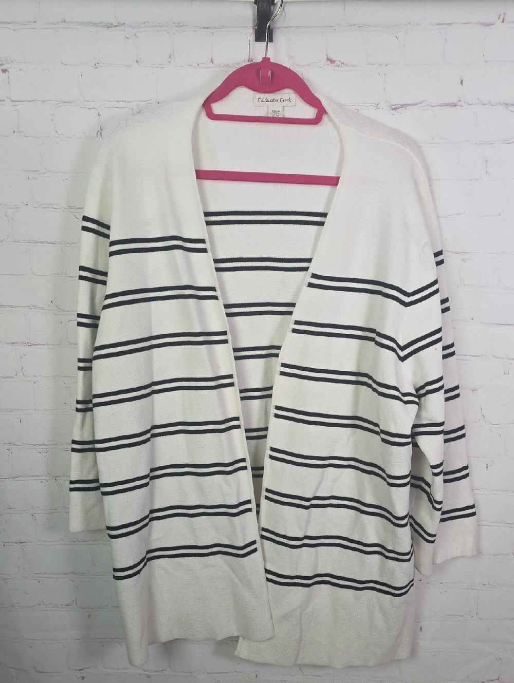 Coldwater Creek 2X White Open-Front Cardigan with Black Stripes